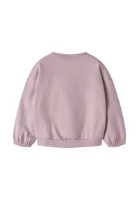 Sudadera rosa clara con cuello redondo, mangas fruncidas y cinturilla elástica, hecha de una tela suave y texturizada. No se aprecian patrones ni detalles.