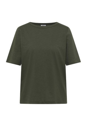 T-shirt à manches courtes et col rond, de couleur vert olive, avec un ourlet droit et une texture de tissu subtile.