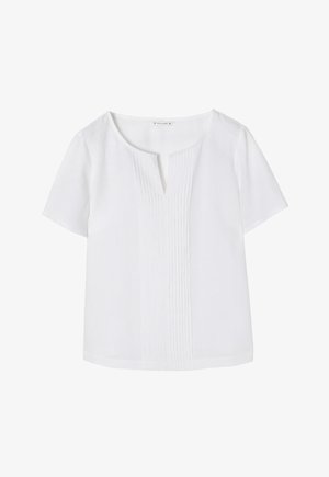 Bijela bluza kratkih rukava s V-izrezom, vertikalnim naborima sprijeda i širokim krojem. Izrađena od lagane tkanine.