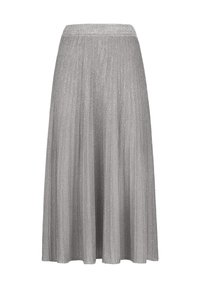 Fällt midi-kjol i silver, med en glänsande textur, bred midja och vertikala linjer som skapar en svävande silhuett.