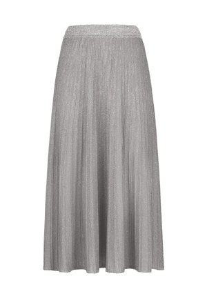 Fällt midi-kjol i silver, med en glänsande textur, bred midja och vertikala linjer som skapar en svävande silhuett.
