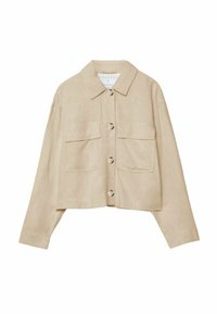 Beige cropped jacket made of linen, featuring a collared neckline, two front pockets, and four buttons down the front.