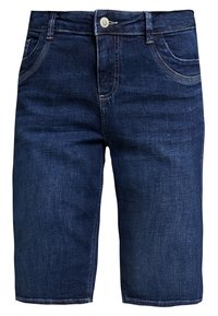 Pantalones cortos de mezclilla azul oscura con corte recto, diseño de cinco bolsillos y costuras visibles en la cinturilla y los bolsillos.