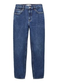 Jean en denim bleu à jambes droites avec boutons et fermeture éclair à l'avant, passants pour ceinture, et poches avant et arrière.