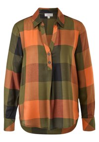 Camicia button-up a quadretti con colori arancione, verde e nero; presenta un colletto, maniche lunghe e una vestibilità rilassata.