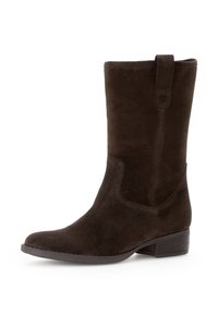 Brown suede knee-high boot with a slight heel, smooth texture, rounded toe, and a pull tab at the top for easy wear.