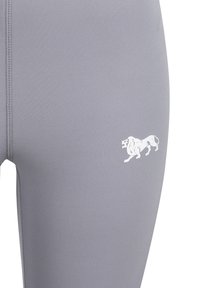 Leggings grigi fatti di tessuto elasticizzato, con cuciture piatte e un logo di un leone bianco sull'area della coscia.