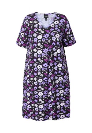 Blumenkleid mit schwarzem Hintergrund und lila sowie weißen Blumen. V-Ausschnitt, kurze Ärmel und lockere A-Liniensilhouette.