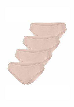Four identical beige women's seamless bikini-style underwear arranged diagonally on white background.