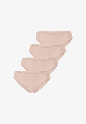 Four identical beige women's seamless bikini-style underwear arranged diagonally on white background.