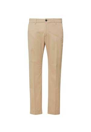 Beige Chinos mit geradem Bein, aus Baumwollstoff, mit vorderen Taschen, einem einzelnen Knopfverschluss und minimalen Nähten.