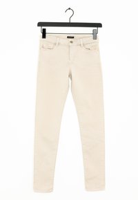 Beige slim-fit jeans van een katoenmix, met vijf zakken, een rits en knoopsluiting aan de voorkant, en contrasterende stiksels.
