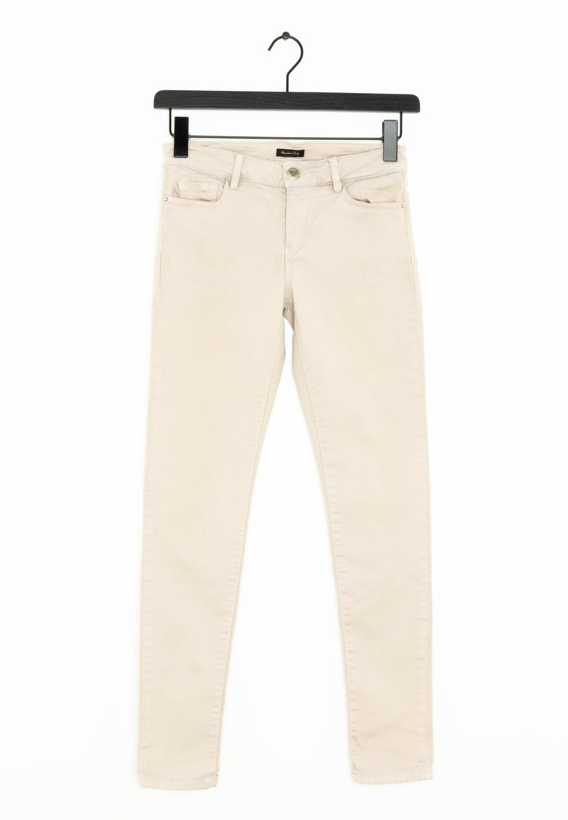 Beige slim-fit jeans van een katoenmix, met vijf zakken, een rits en knoopsluiting aan de voorkant, en contrasterende stiksels.