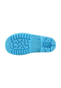Semelle de chaussure en caoutchouc bleue avec un motif de bande de roulement en zigzag et des points de grip texturés. Comprend un logo central et des accents circulaires près du talon.