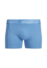 Blauwe katoenen boxershorts met een geborduurde elastische tailleband met het "JACK&JONES" logo in lichtblauw op een donkerblauwe achtergrond.