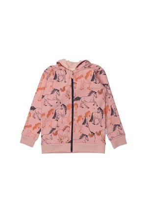 Rosa Kinder-Zip-Hoodie mit schwarzem Reißverschluss, Fronttaschen und orange- sowie schwarzfarbenen Pferdeillustrationen auf der gesamten Oberfläche.