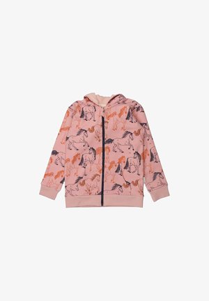 Rosa Kinder-Zip-Hoodie mit schwarzem Reißverschluss, Fronttaschen und orange- sowie schwarzfarbenen Pferdeillustrationen auf der gesamten Oberfläche.