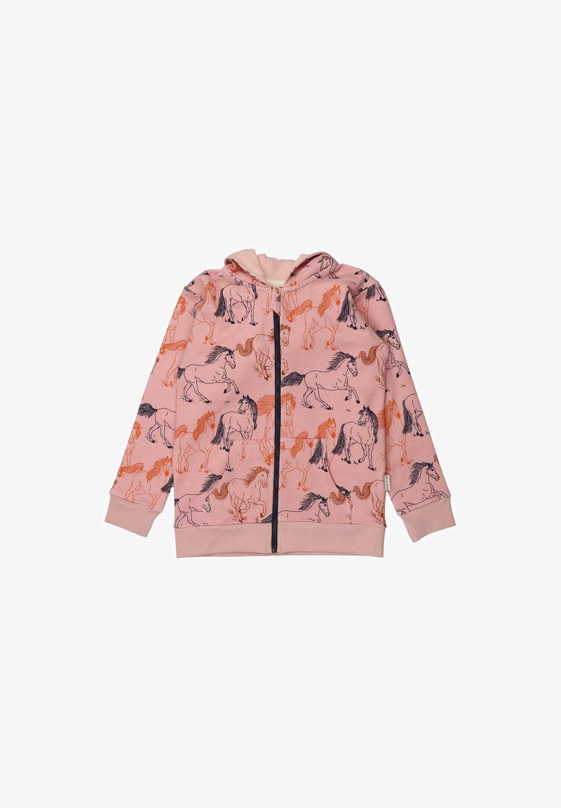 Pink children's zip-up hoodie with black zipper, front pockets, and orange and black horse illustrations all over.