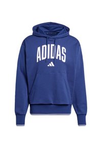 Blå huvtröja i bomullsblandning med känguruficka, vit "ADIDAS"-logotyp på bröstet, ribbade ärmslut och dragsko vid huvan.