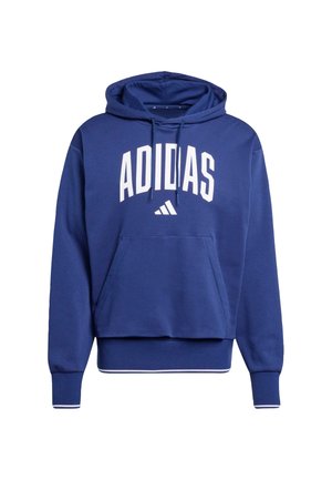 Blå hettegenser laget av bomullsblanding, med kengurulomme, hvit "ADIDAS"-logo på brystet, ribbestrikkede mansjetter og snor i hetten.