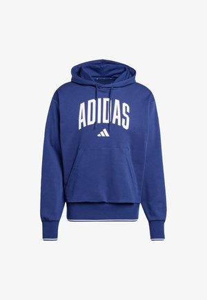 Blue hoodie made of cotton blend, featuring a kangaroo pocket, white "ADIDAS" logo on chest, ribbed cuffs, and drawstring hood.