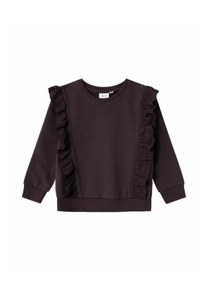 Dunkellila Sweatshirt mit langen Ärmeln, mit gerafften Spitzeneinsätzen entlang der Vorderseiten und gerippten Bündchen sowie Saum.