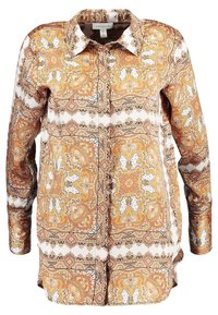 Långärmad skjorta i paisleymönster med orange, bruna och krämfärgade toner, med knäppning framtill och spetsig krage; slät tygkvalitet.