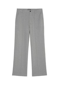 Pantalons droits gris avec poches avant, passants de ceinture, un bouton noir et une étiquette de marque à la taille.