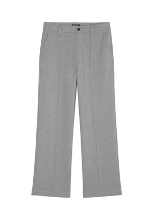 Graue Gerade-Hosen mit vorderen Taschen, Gürtelschlaufen, einem schwarzen Knopf und einem Markenlabel am Bund.