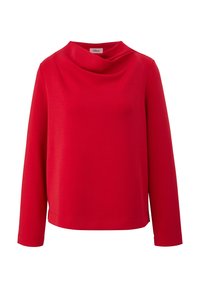 Haut rouge à manches longues avec un col bénitier ample, un ourlet droit et un tissu lisse, présenté sur un fond blanc.