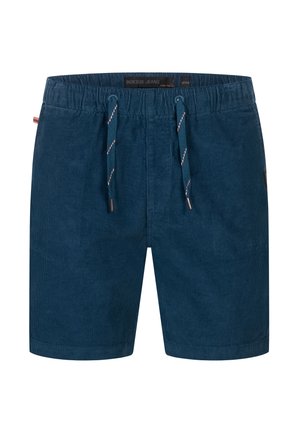 Donkerblauwe corduroy shorts met een elastische tailleband, trekkoorddetails en omgeslagen pijpen. Beschikt over een label aan de achterkant.