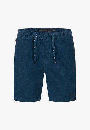 Donkerblauwe corduroy shorts met een elastische tailleband, trekkoorddetails en omgeslagen pijpen. Beschikt over een label aan de achterkant.