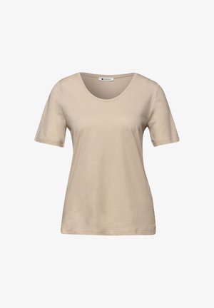 T-shirt beige donna a maniche corte con scollo rotondo, realizzata in tessuto morbido, mostrata frontalmente su sfondo bianco.