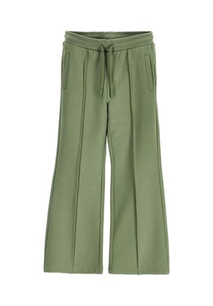 Green wide-leg pants with front seam details, elastic waistband, and drawstring, featuring two side pockets.