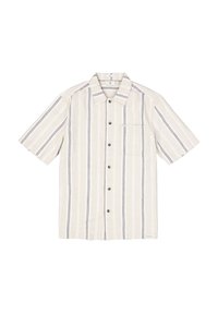 Korte mouwen overhemd met knopen in beige met marineblauwe strepen, voorzien van een zak en bruin knopen, gemaakt van lichtgewicht stof.