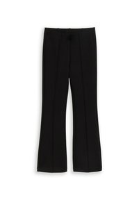 Schwarze maßgeschneiderte Hose mit ausgestelltem Bein, zwei vorderen Falten und glatter Textur, Taillenbund ohne sichtbare Verschlüsse.