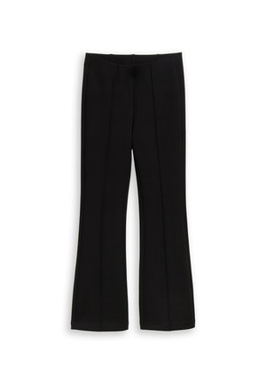 Black tailored pants with a flared leg design, featuring two front pleats and a smooth texture, waistband without visible closures.
