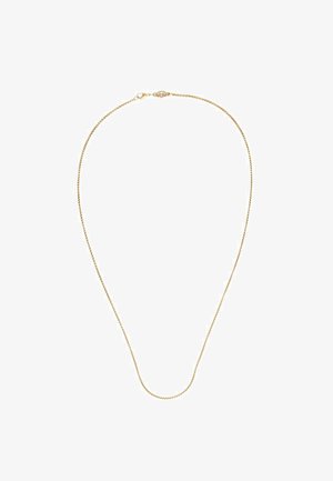 Auksinės spalvos grandinėlė, plona ir subtili, su lygiu paviršiumi, turinti krabų tipo užsegimą ir minimalizmo dizainą.