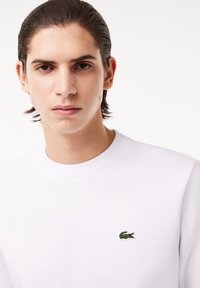Jeune homme aux cheveux foncés coiffés en arrière portant une chemise blanche avec un petit logo crocodile vert sur la poitrine sur un fond uni.