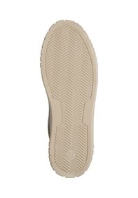 Semelle de chaussure en beige clair avec un motif en chevrons, dotée d'un caoutchouc texturé pour l'adhérence et d'une étiquette de taille imprimée "37" au dos.
