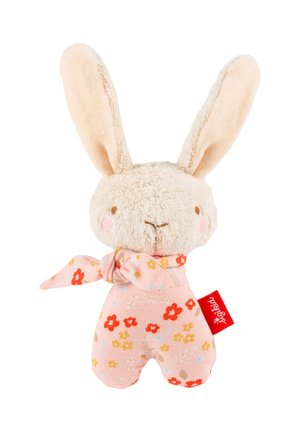 Soft beige bunny plush with long ears, embroidered face, and pink floral patterned body scarf with red tag.