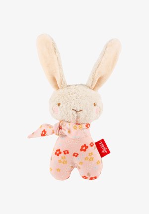Soft beige bunny plush with long ears, embroidered face, and pink floral patterned body scarf with red tag.