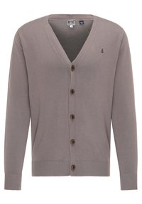 Cardigan grigio con scollo a V, otto bottoni marroni e polsini a coste. Presenta un piccolo emblema di un'ancora sul lato sinistro del petto. Materiale morbido.