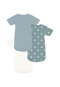 Σετ από τρία βρεφικά φορμάκια με κοντά μανίκια: ένα ριγέ μπλε, ένα μονόχρωμο τυρκουάζ με λευκές καρδιές και ένα μονόχρωμο λευκό. Μαλακό βαμβακερό ύφασμα.