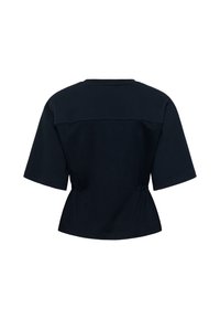 Dunkelblaues, kurzes Oberteil mit kurzen Ärmeln, seitlich gerafft, aus weichem Stoff. Verfügt über ein sauberes, schlichtes Design und einen runden Halsausschnitt.