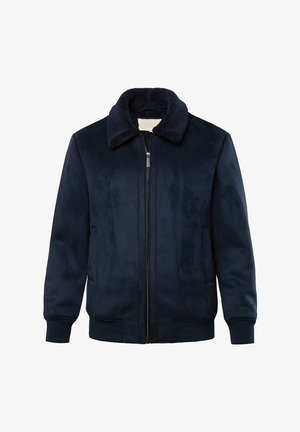 Giacca zip-up blu navy con colletto in pelliccia sintetica. Realizzata in tessuto morbido, presenta tasche laterali e una texture liscia.