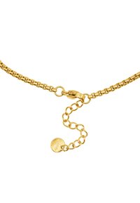 Goldfarbener Kettenhalsreifen mit runden Gliedern, einem Karabinerhaken und einer verstellbaren Kette mit einem kleinen runden Anhänger.