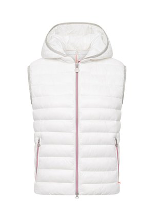 Witte doorgestikte mouwloze jas met capuchon, rits aan de voorkant en ritssluitingen aan de zijkant met roze accenten, ontworpen voor koud weer.