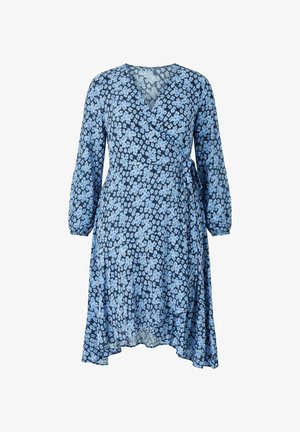 Blauwe bloemen wikkeljurk met lange mouwen, V-hals en een zijstrik, met een vloeiende zoom.