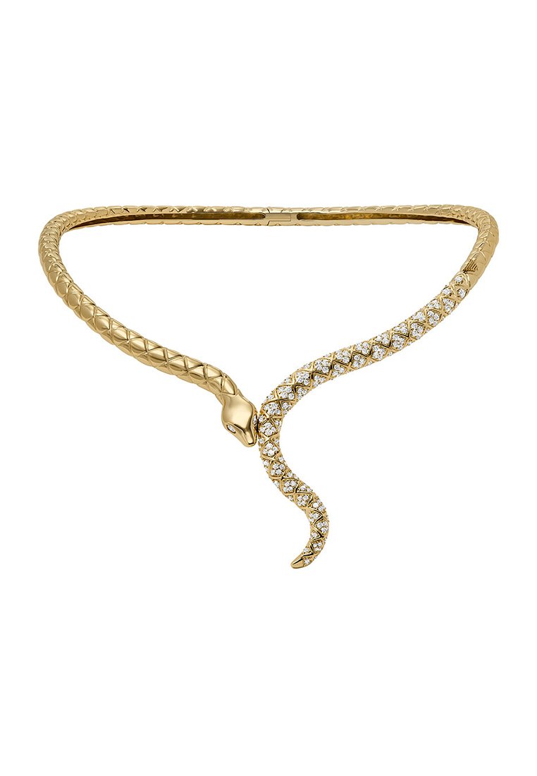 Collana choker d'oro con un motivo testurizzato a squame e accenti di diamanti scintillanti lungo tutta la lunghezza, caratterizzata da una fibbia a forma di testa di serpente.